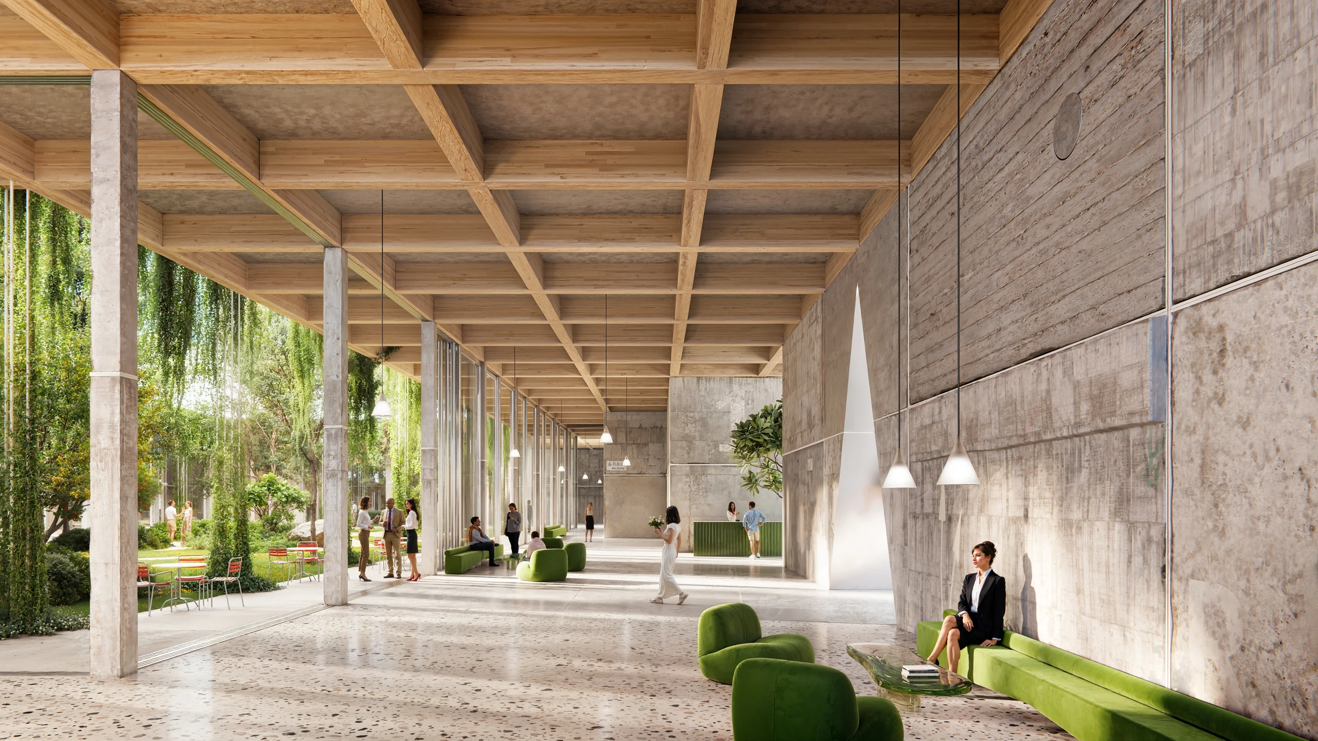Architectural visualisation of a lobby combining reclaimed concrete elements, timber and planting
